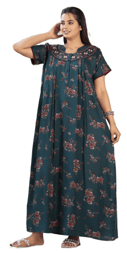 Womens Dark Teal Alpine Fabric Floral Printed Maxi Nighty | Premium Round Neck Embroidered Yoke Full Length Nightgown