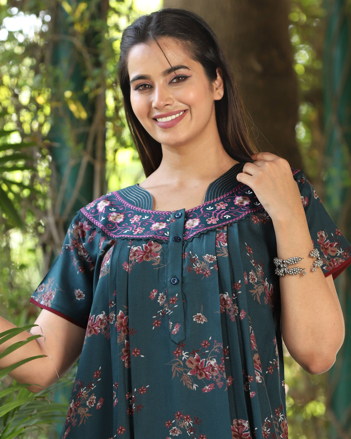 Womens Dark Teal Alpine Fabric Floral Printed Maxi Nighty | Premium Round Neck Embroidered Yoke Full Length Nightgown