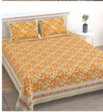 Yellow Floral Block-Print Style Cotton Double Bedsheet with Pillow Covers