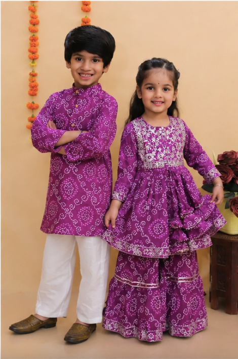 Purple Jaipuri Sibling Combo Set for Kids – Festive Ethnic Wear