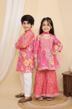Dark Gajri Jaipuri Sibling Set for Kids – Festive Ethnic Wear