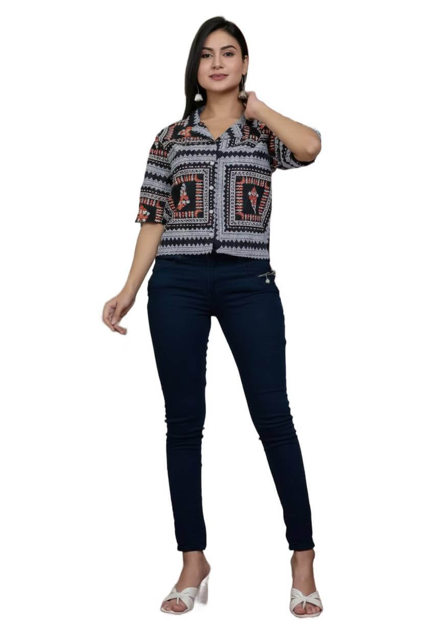 Black Geometric Block Printed Cotton Notch Collar Crop Shirt Tunic
