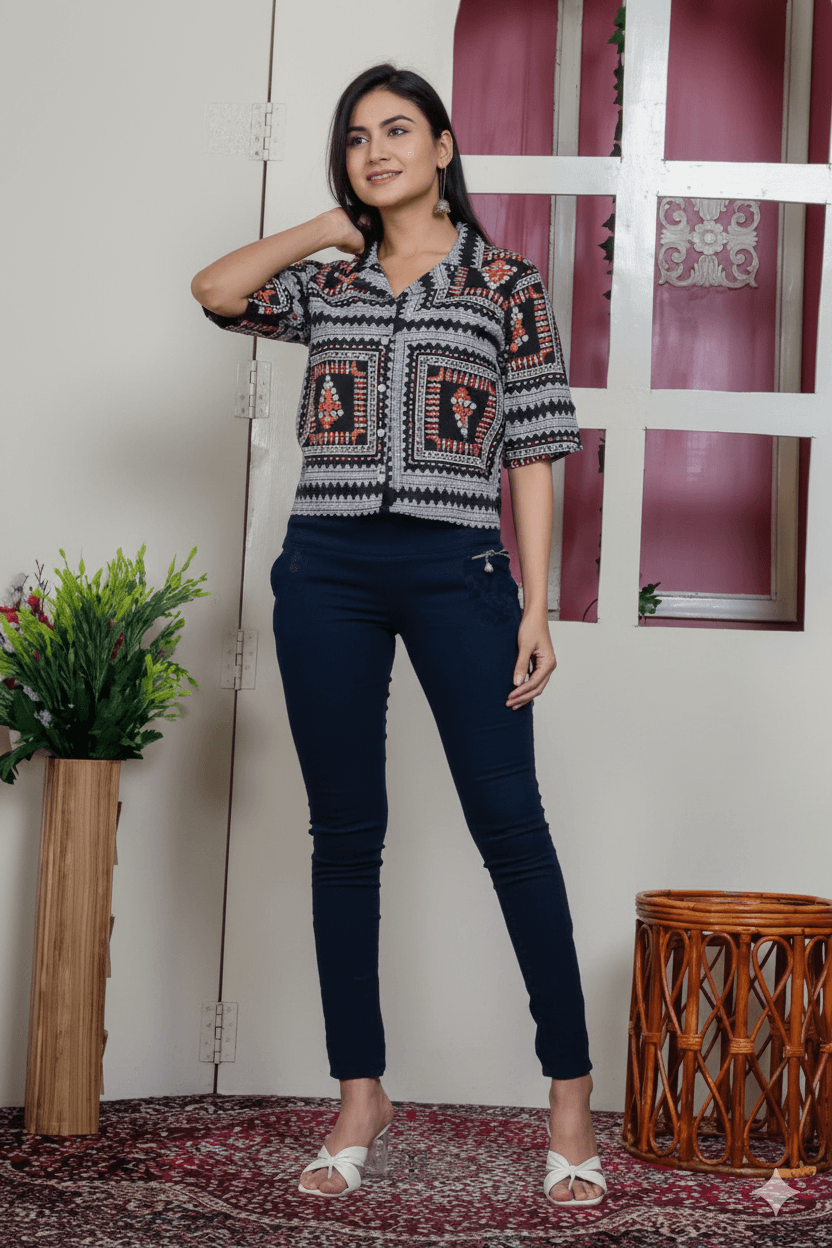 Black Geometric Block Printed Cotton Notch Collar Crop Shirt Tunic