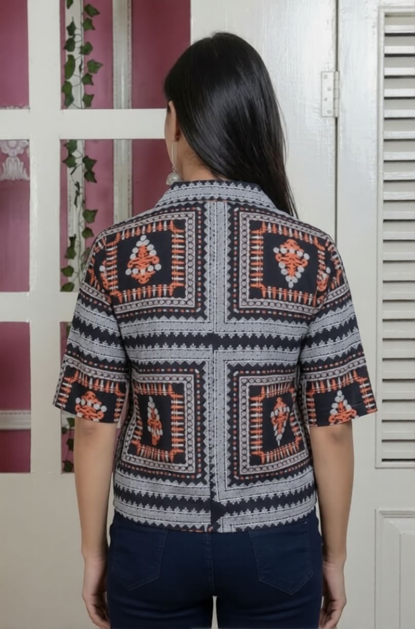 Black Geometric Block Printed Cotton Notch Collar Crop Shirt Tunic
