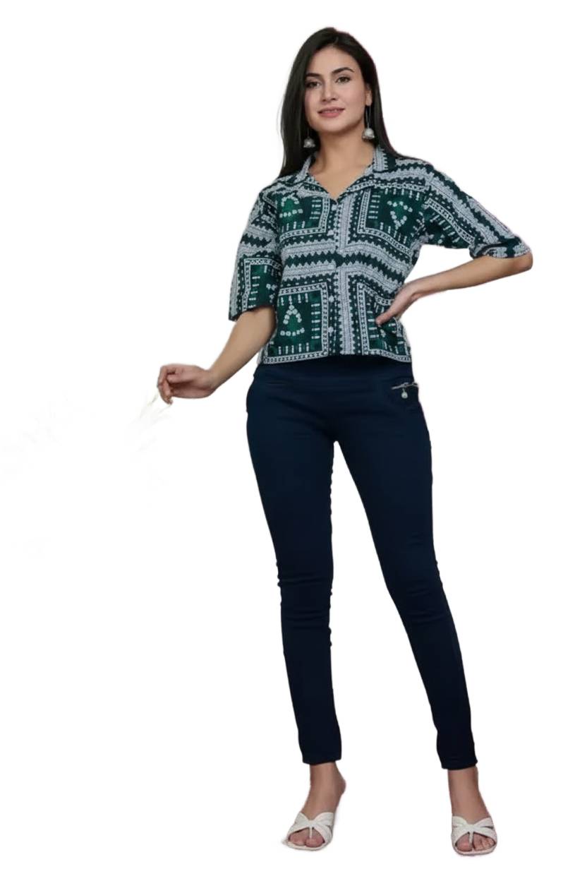 Emerald Green Geometric Block Printed Cotton Notch Collar Crop Shirt Tunic
