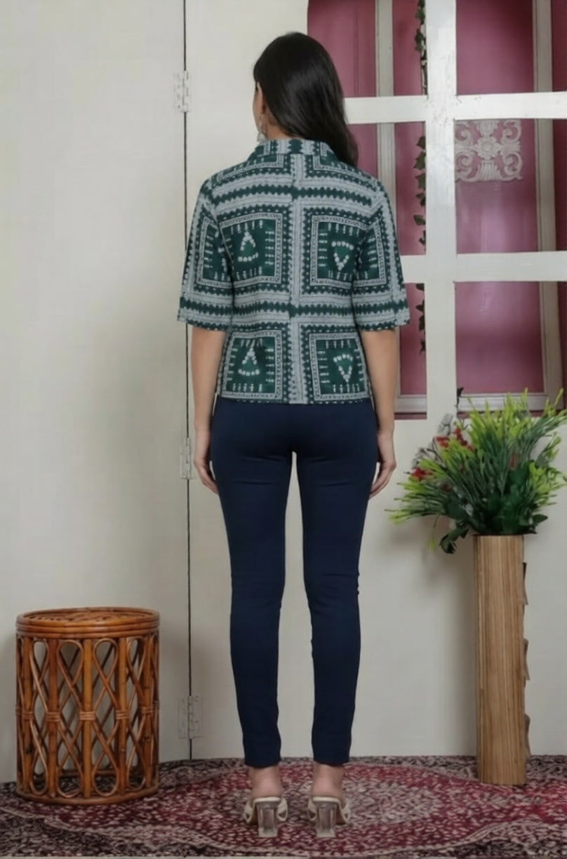 Emerald Green Geometric Block Printed Cotton Notch Collar Crop Shirt Tunic