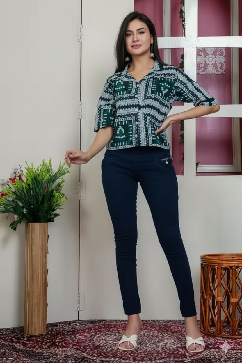 Emerald Green Geometric Block Printed Cotton Notch Collar Crop Shirt Tunic