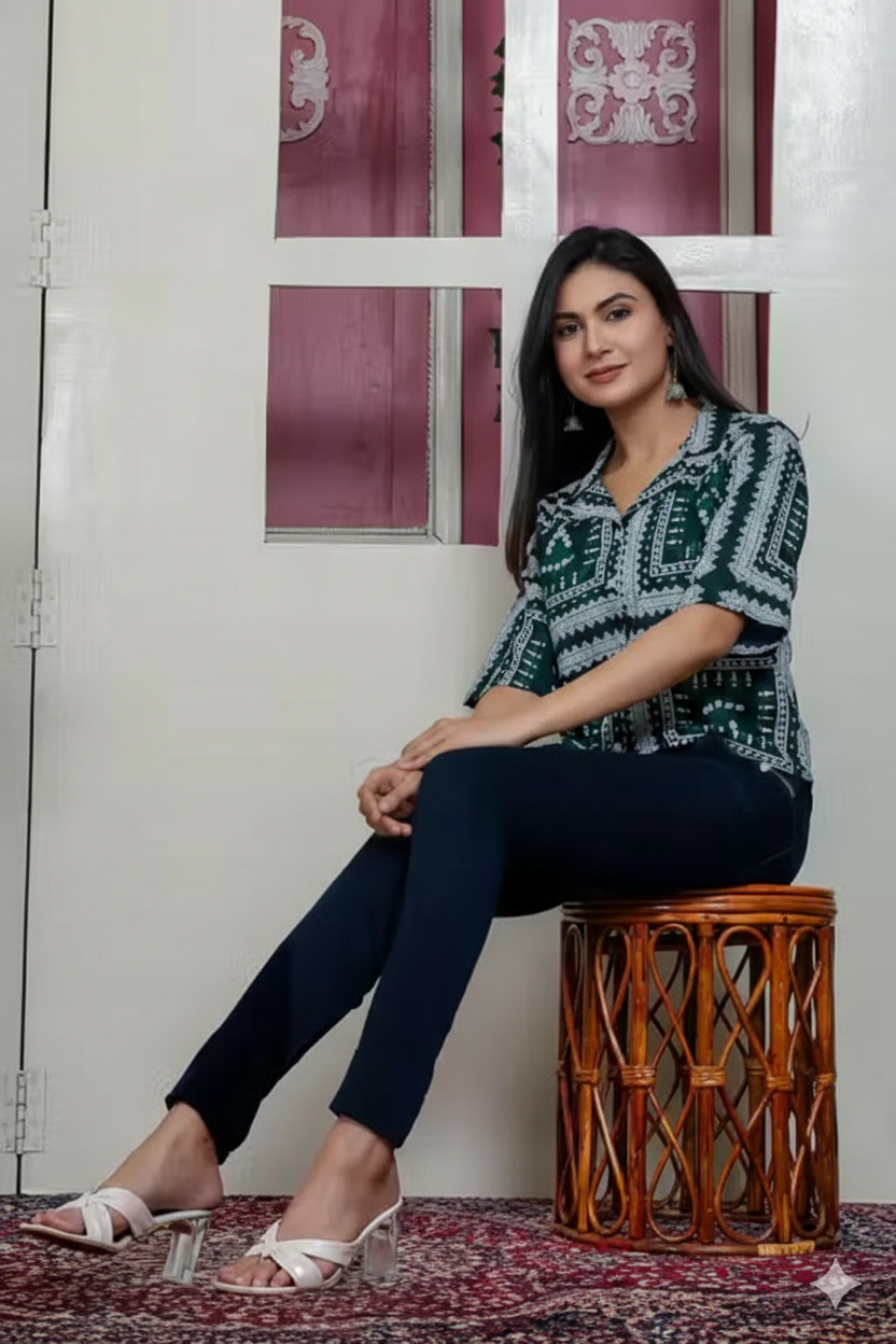 Emerald Green Geometric Block Printed Cotton Notch Collar Crop Shirt Tunic