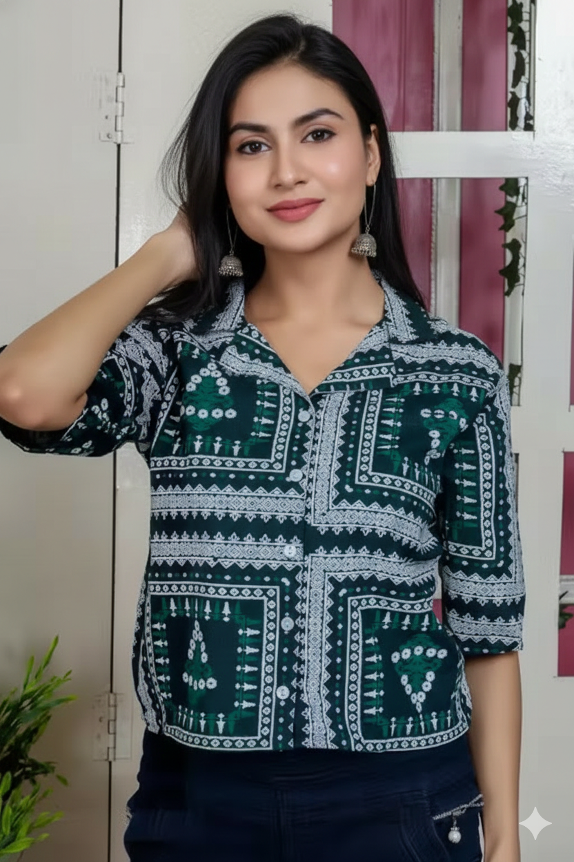 Emerald Green Geometric Block Printed Cotton Notch Collar Crop Shirt Tunic