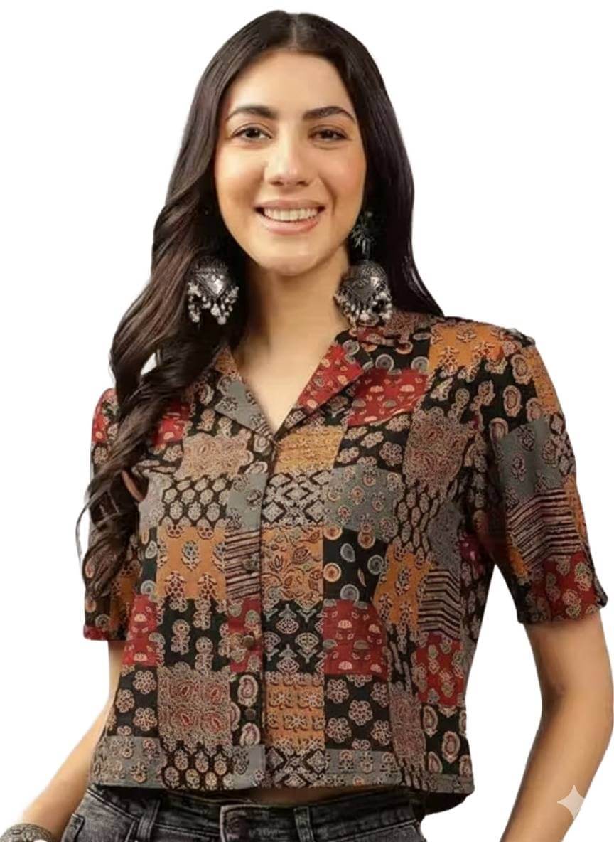 Multicolor Patchwork Print Cotton Crop Shirt Tunic for Women