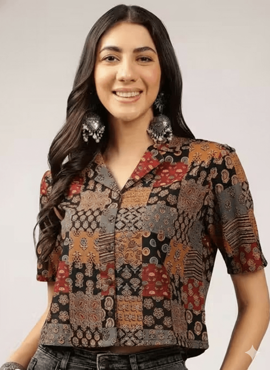 Multicolor Patchwork Print Cotton Crop Shirt Tunic for Women
