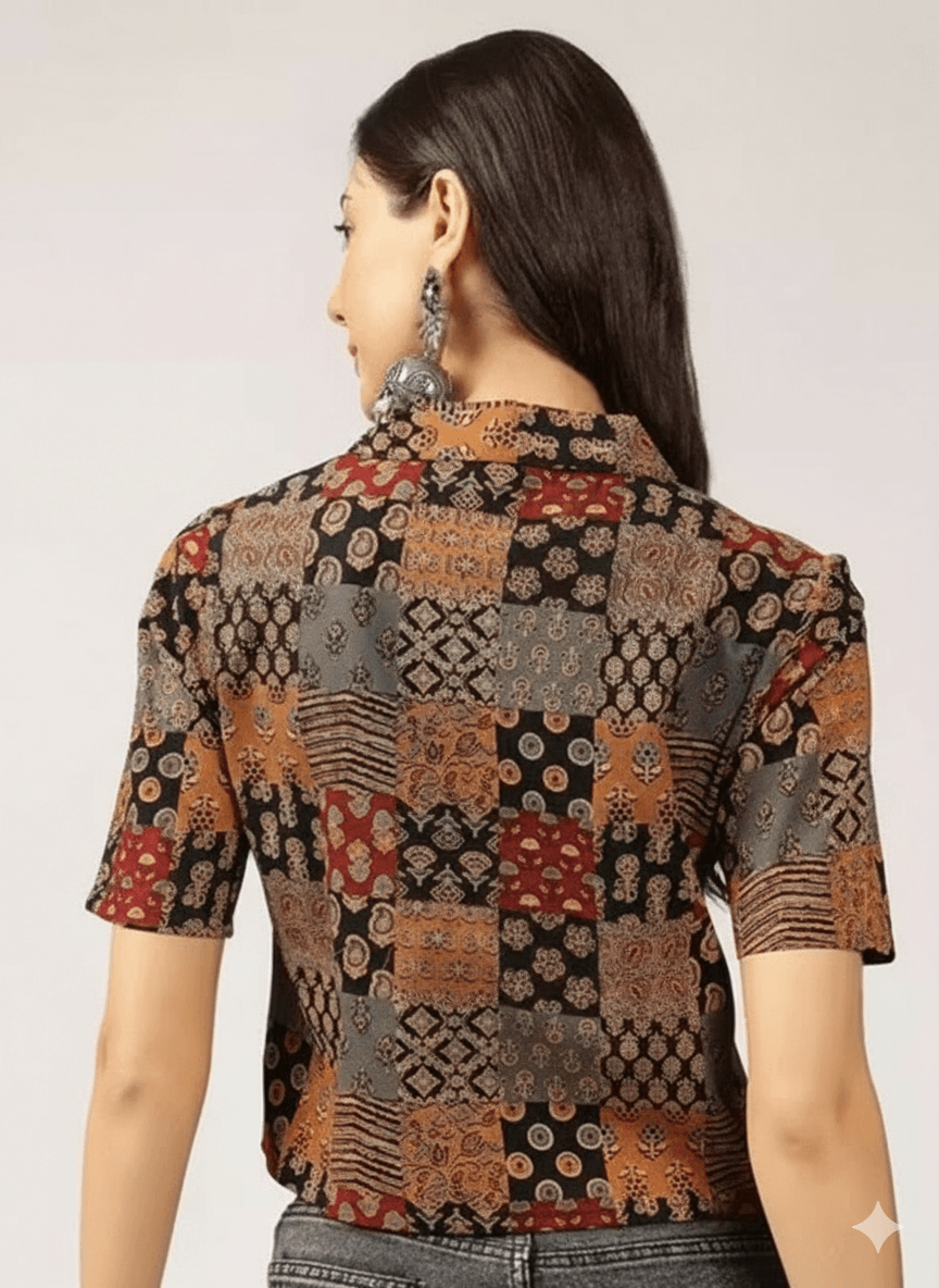 Multicolor Patchwork Print Cotton Crop Shirt Tunic for Women
