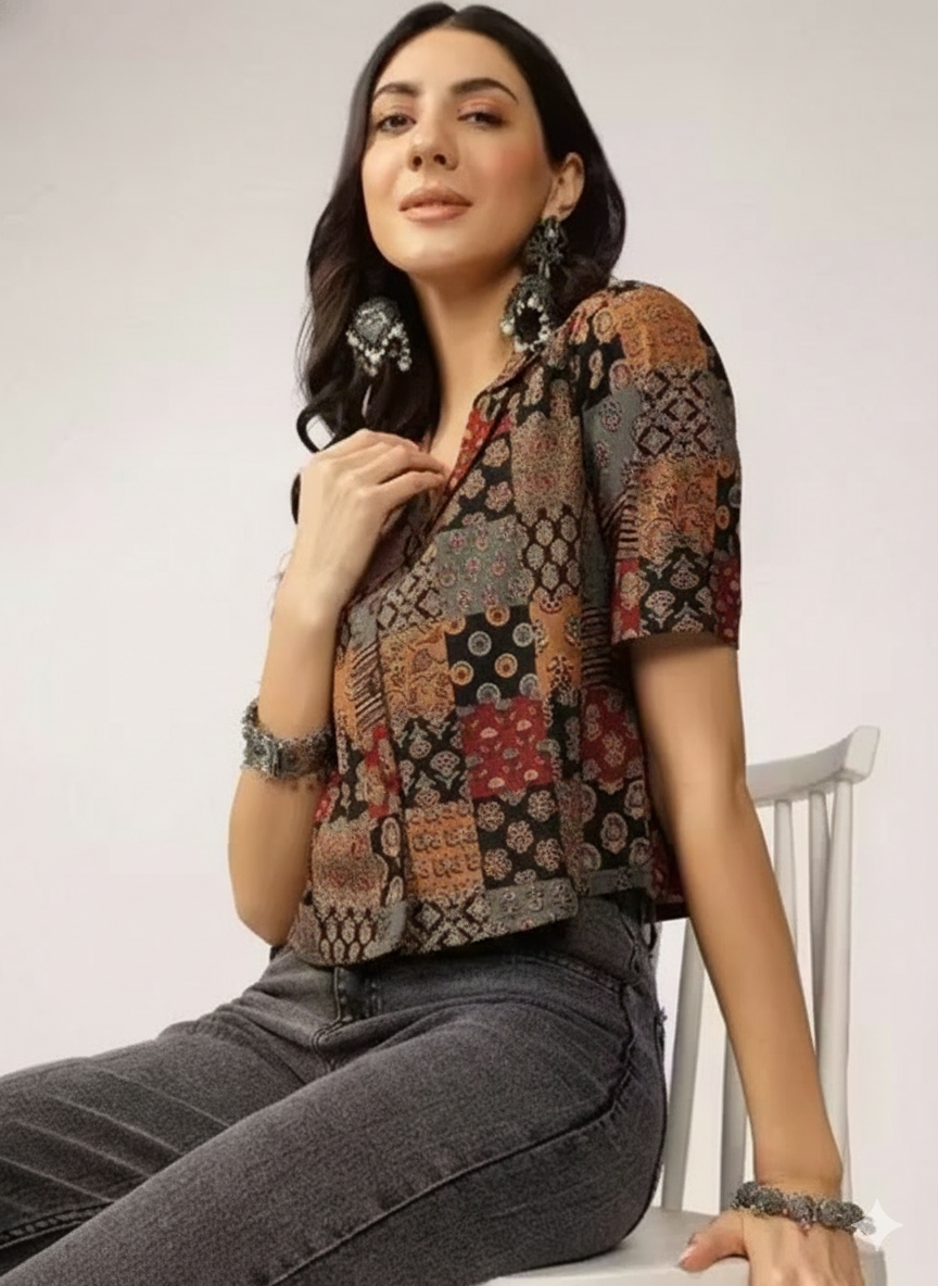 Multicolor Patchwork Print Cotton Crop Shirt Tunic for Women