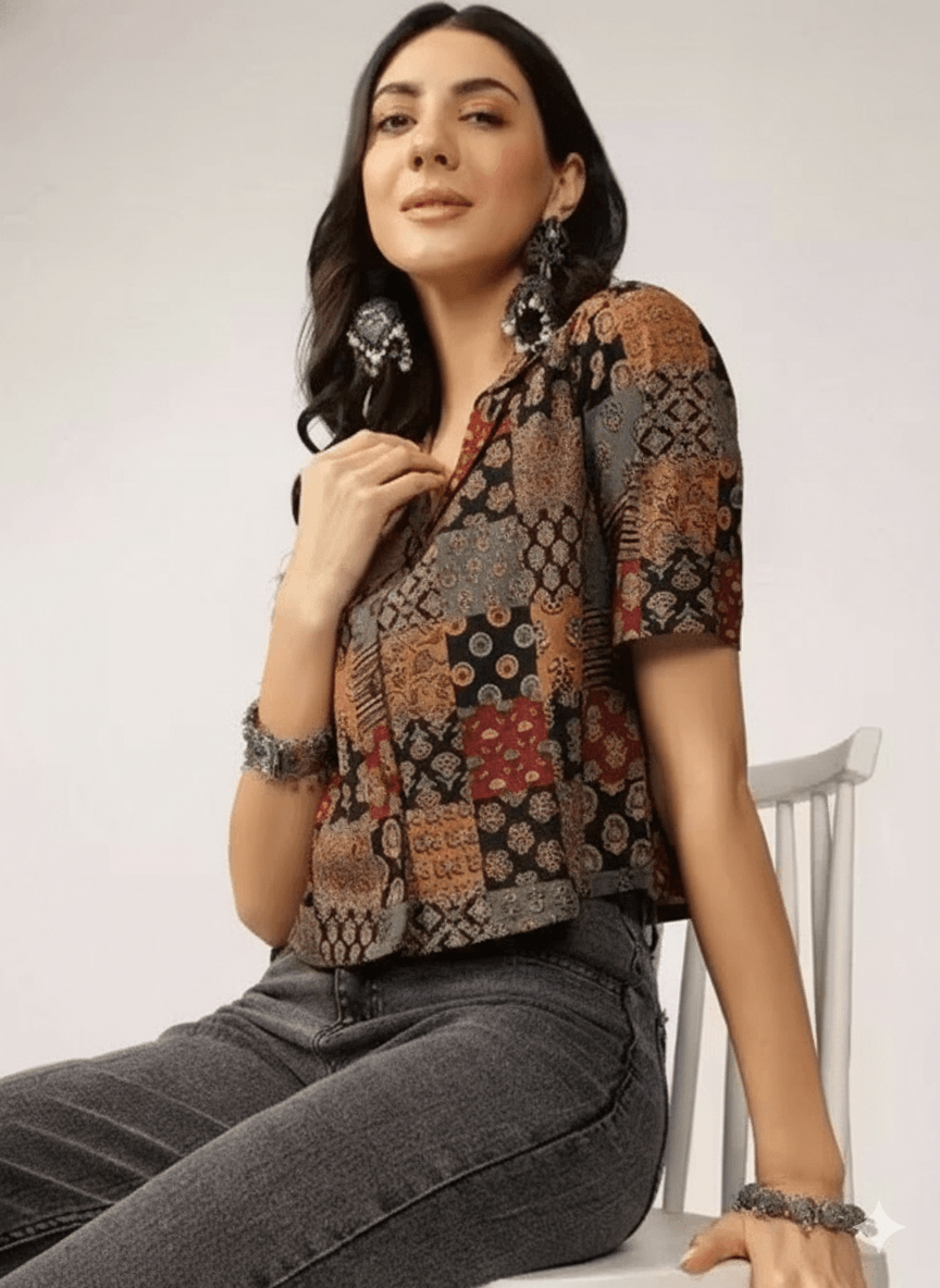 Multicolor Patchwork Print Cotton Crop Shirt Tunic for Women