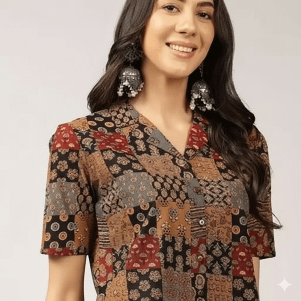 Multicolor Patchwork Print Cotton Crop Shirt Tunic for Women