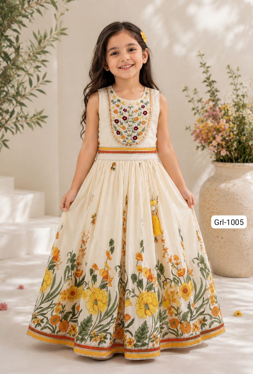 Girls Cream Floral Embroidered Ethnic Lehenga Gown Set | Kids Cotton Traditional Festive Wear Dress