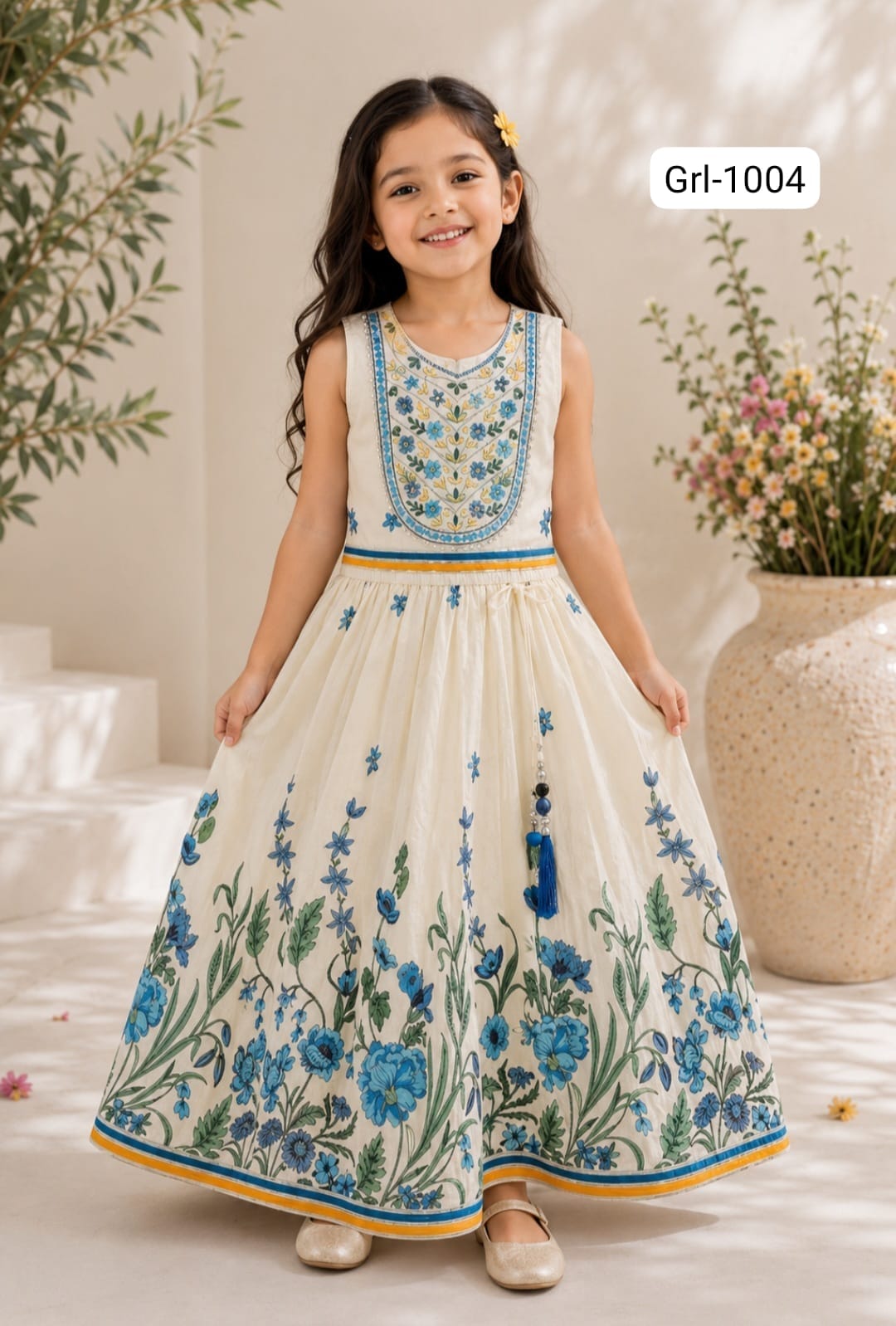 Girls Cream & Blue Floral Embroidered Ethnic Lehenga Gown | Kids Traditional Cotton Festive Wear Dress