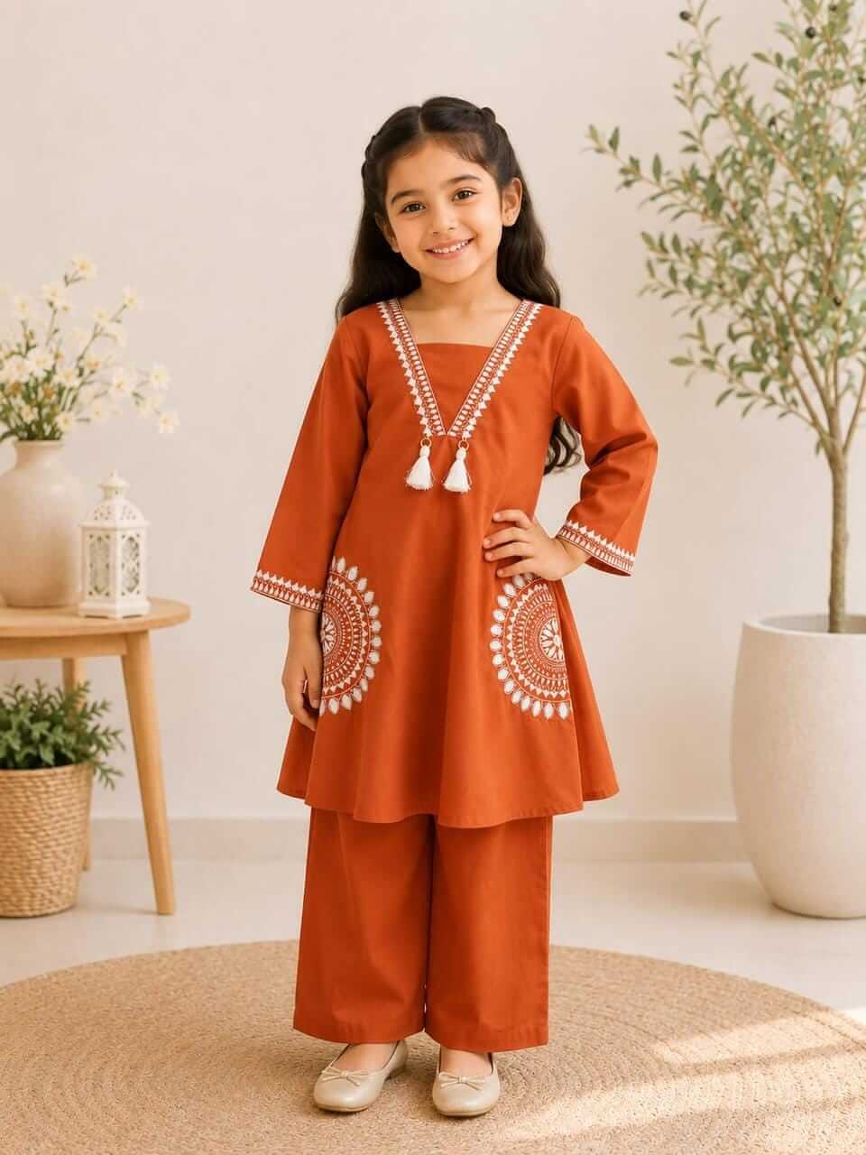 Girls Rust Orange Embroidered Kurta and Palazzo Co-Ord Set | Kids Indo-Western Traditional Cotton Festive Wear Dress