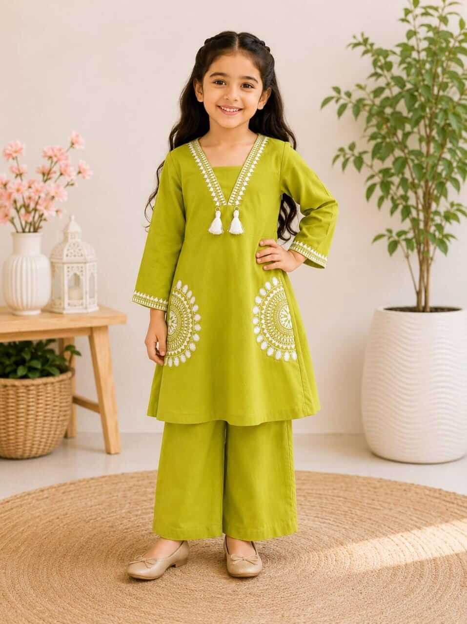 Girls Lime Green Embroidered Kurta and Palazzo Co-Ord Set | Kids Indo-Western Traditional Cotton Festive Wear Dress