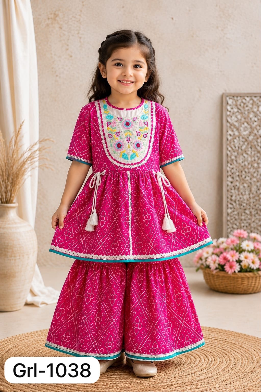 Girls Fuchsia Pink Bandhani Printed Cotton Sharara Suit Set with Embroidered Yoke
