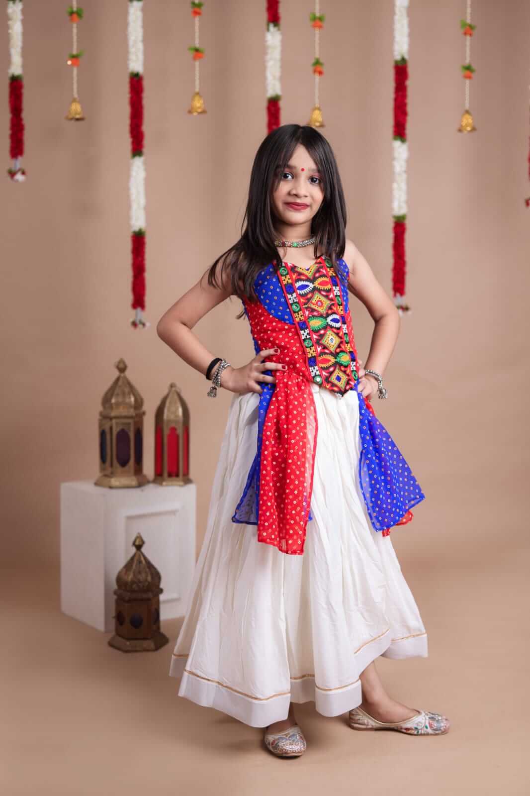 Girls Navratri Special Bandhani Georgette Top & Rayon Lehenga Choli Set