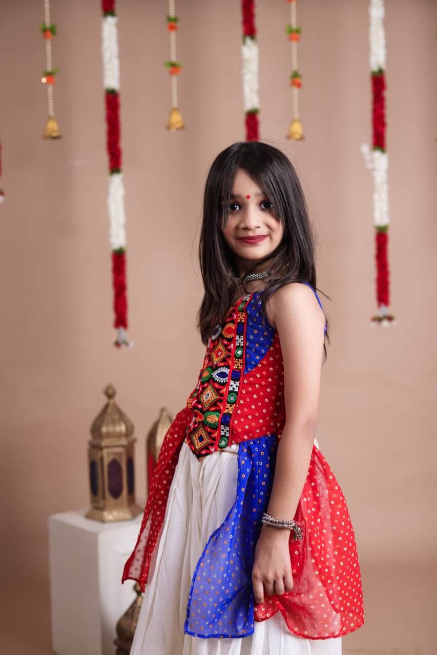 Girls Navratri Special Bandhani Georgette Top & Rayon Lehenga Choli Set