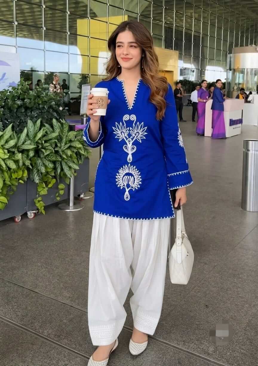 Royal Blue Embroidered Cotton Kurta with White Salwar Set
