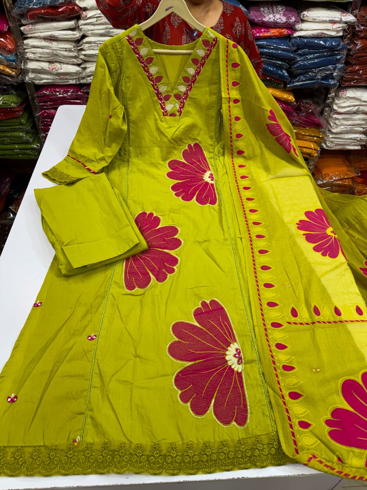 Olive Green Embroidered Cotton Kurta, Salwar with Dupatta Set