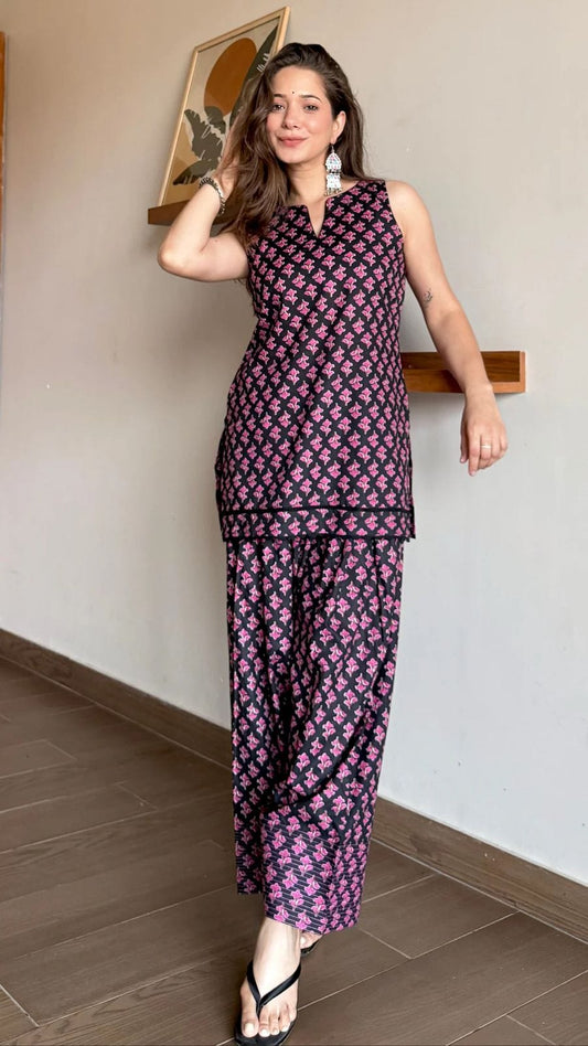 Black and Pink Block-Print Cotton Sleeveless Kurta with Salwar Set
