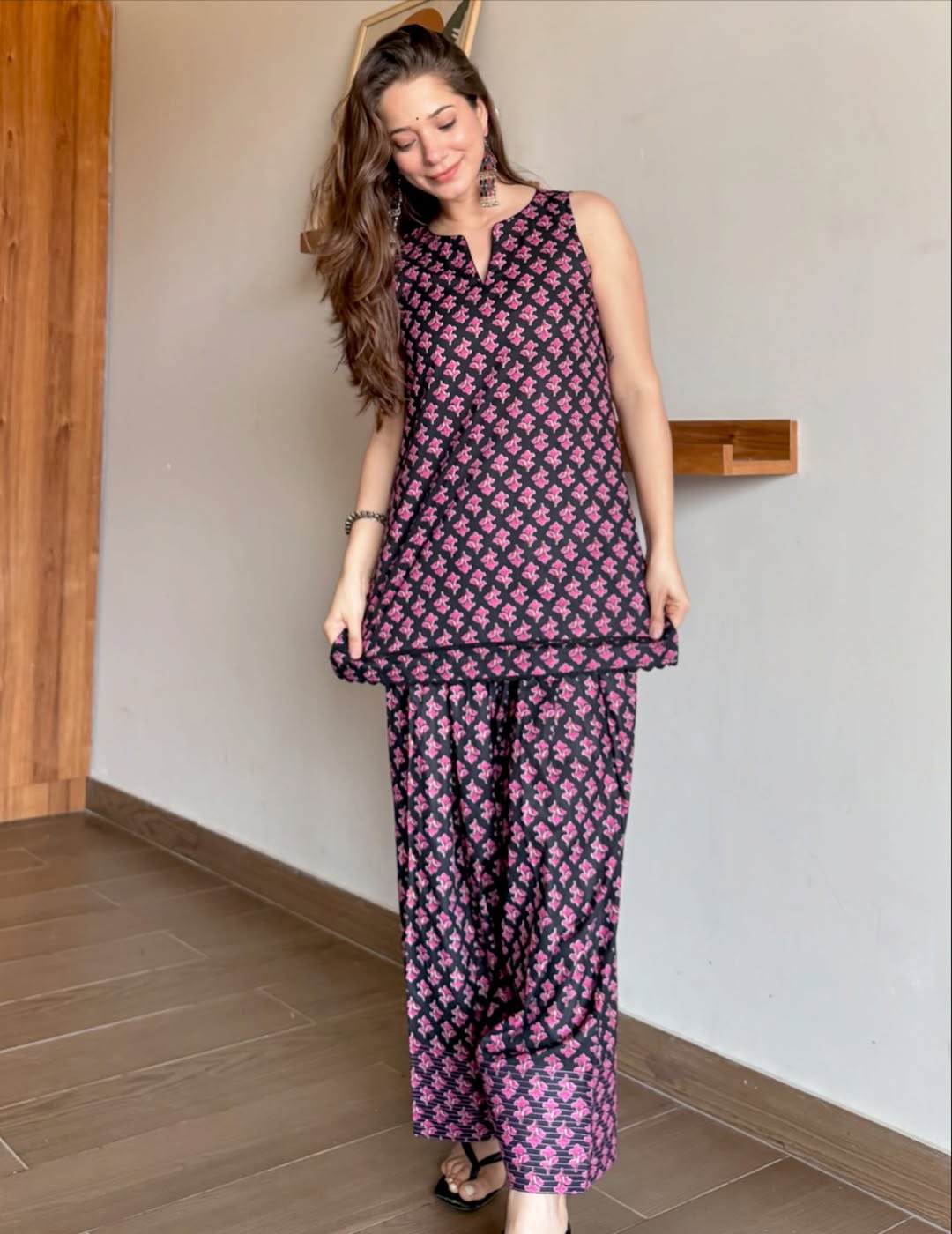 Black and Pink Block-Print Cotton Sleeveless Kurta with Salwar Set