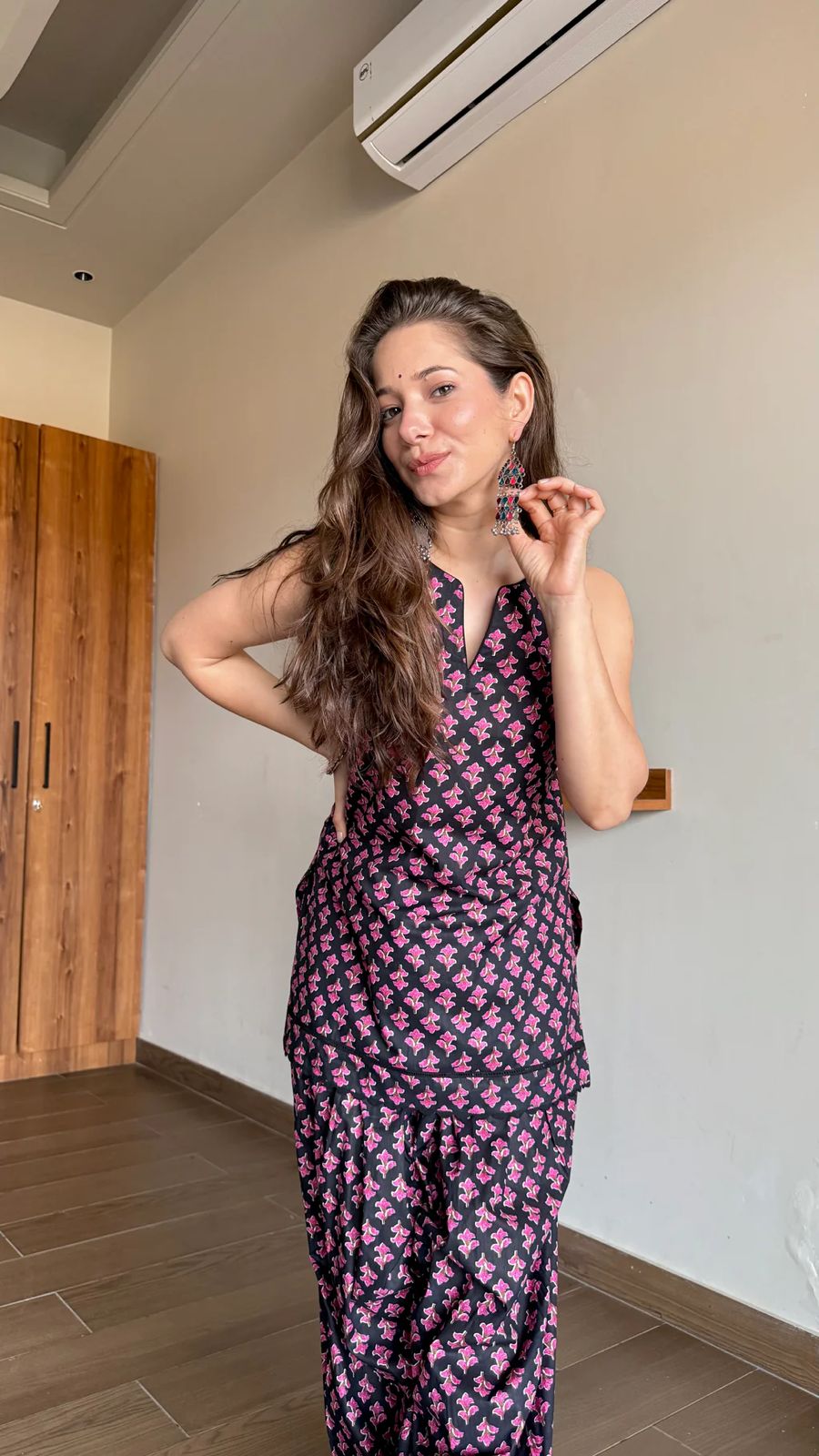 Black and Pink Block-Print Cotton Sleeveless Kurta with Salwar Set