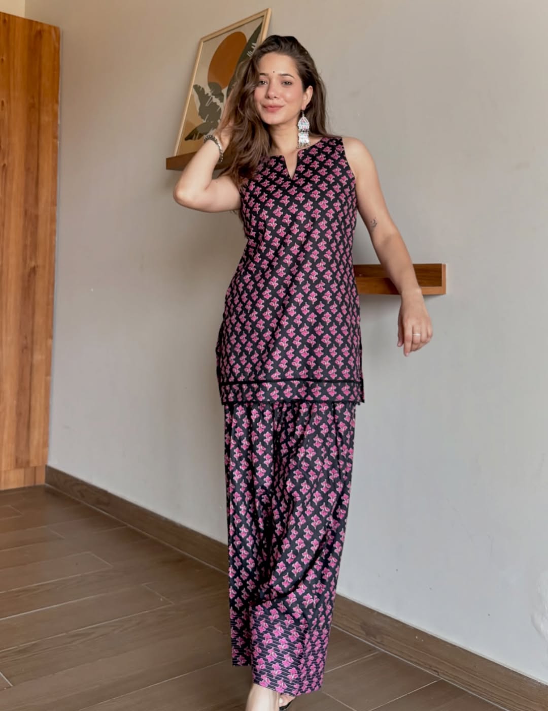 Black and Pink Block-Print Cotton Sleeveless Kurta with Salwar Set