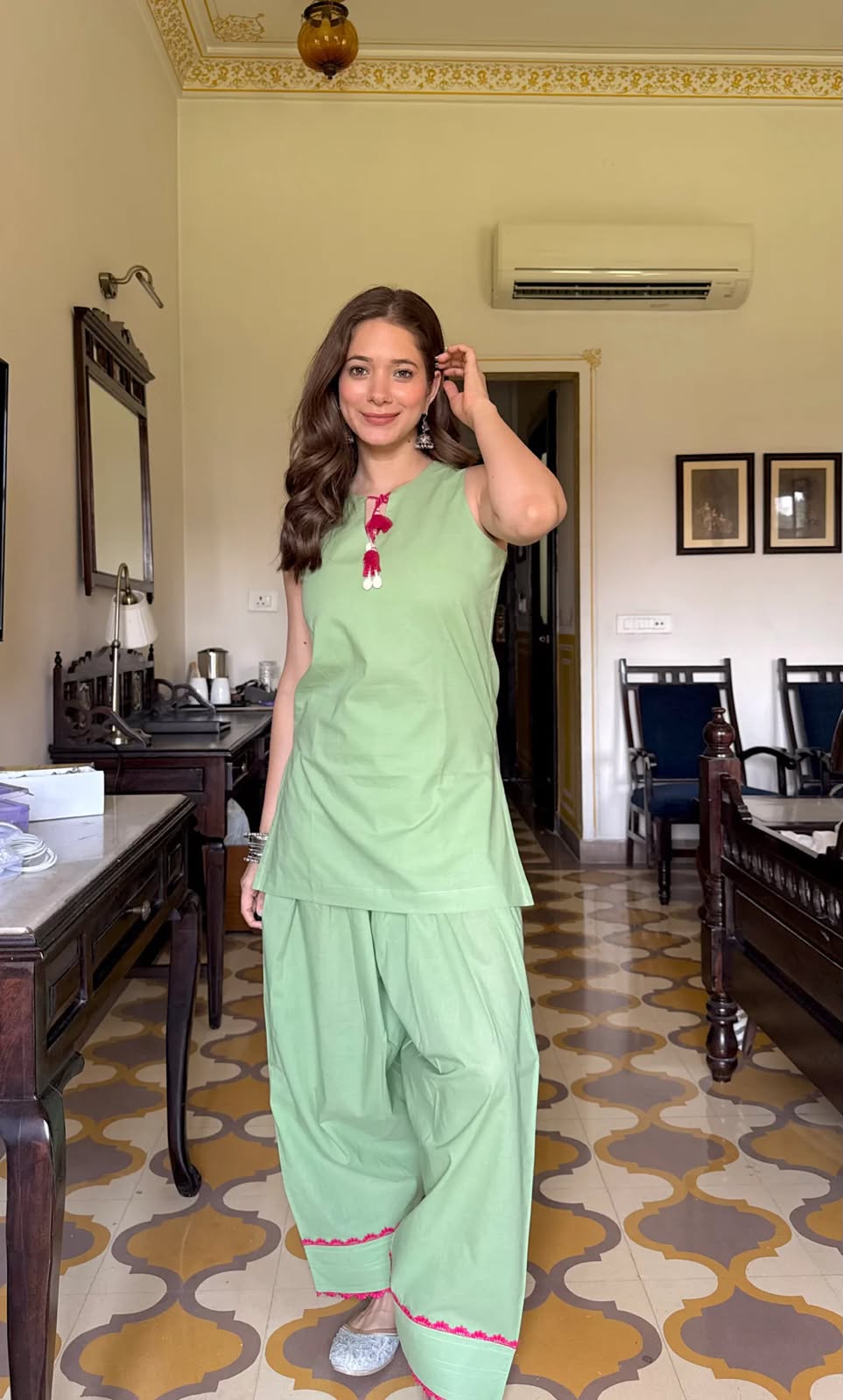 Light Green Cotton Sleeveless Kurta with Salwar Set