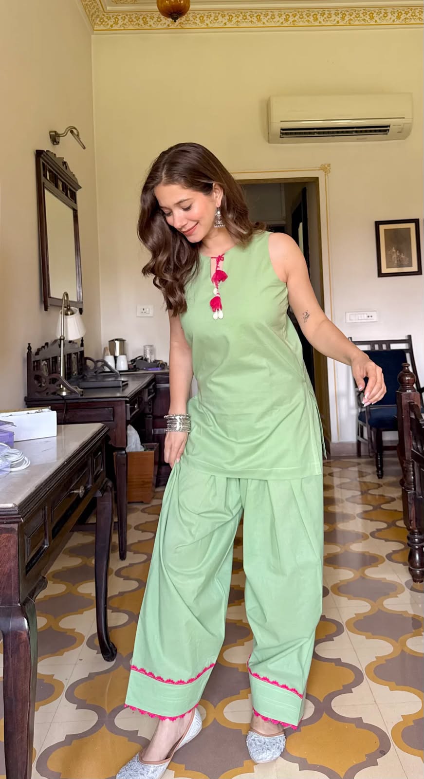 Light Green Cotton Sleeveless Kurta with Salwar Set