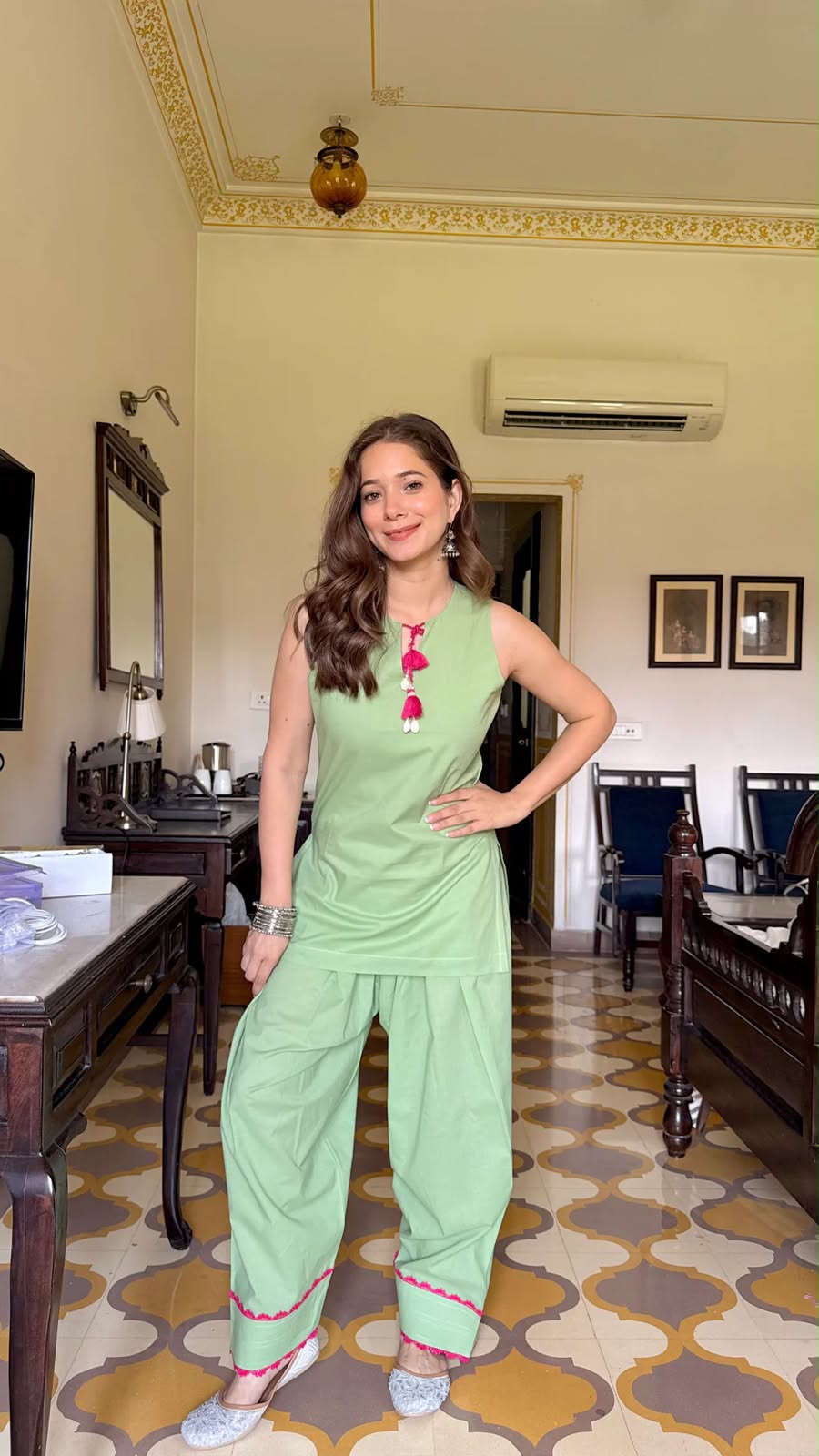 Light Green Cotton Sleeveless Kurta with Salwar Set