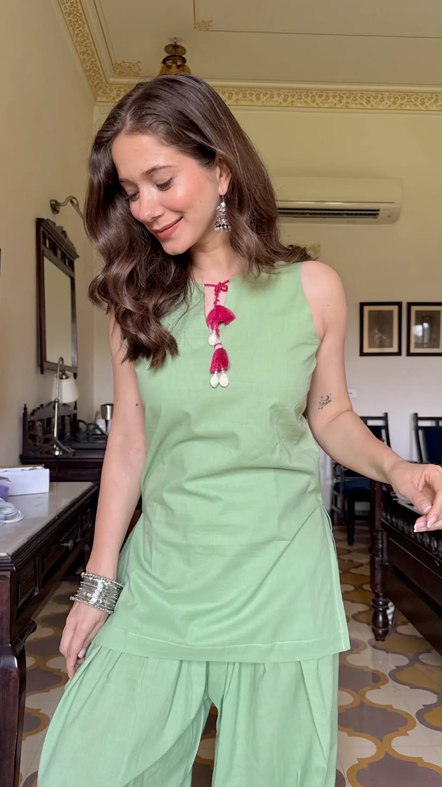Light Green Cotton Sleeveless Kurta with Salwar Set