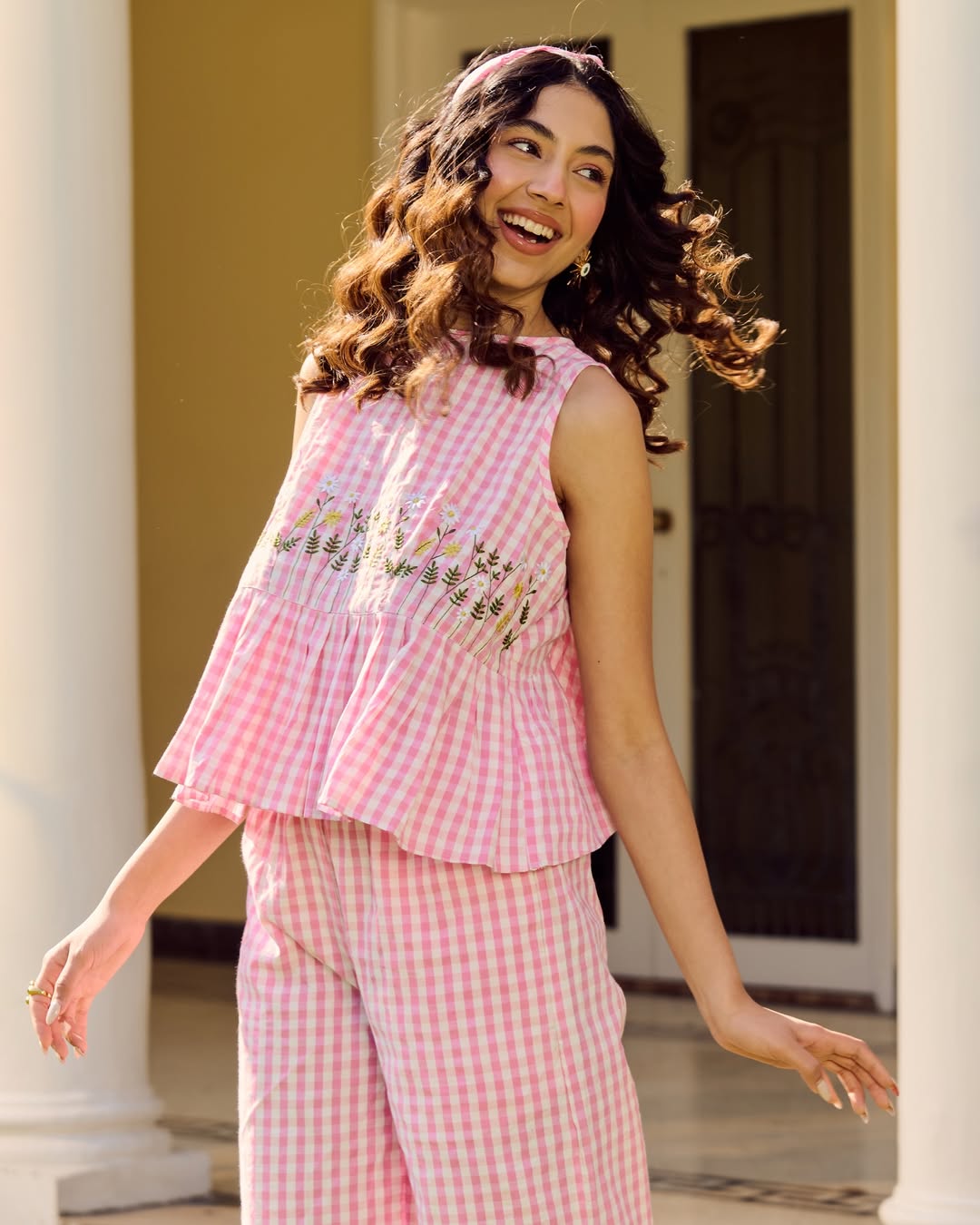 Pink Gingham Check Embroidered Peplum Top with Wide-Leg Trouser Set