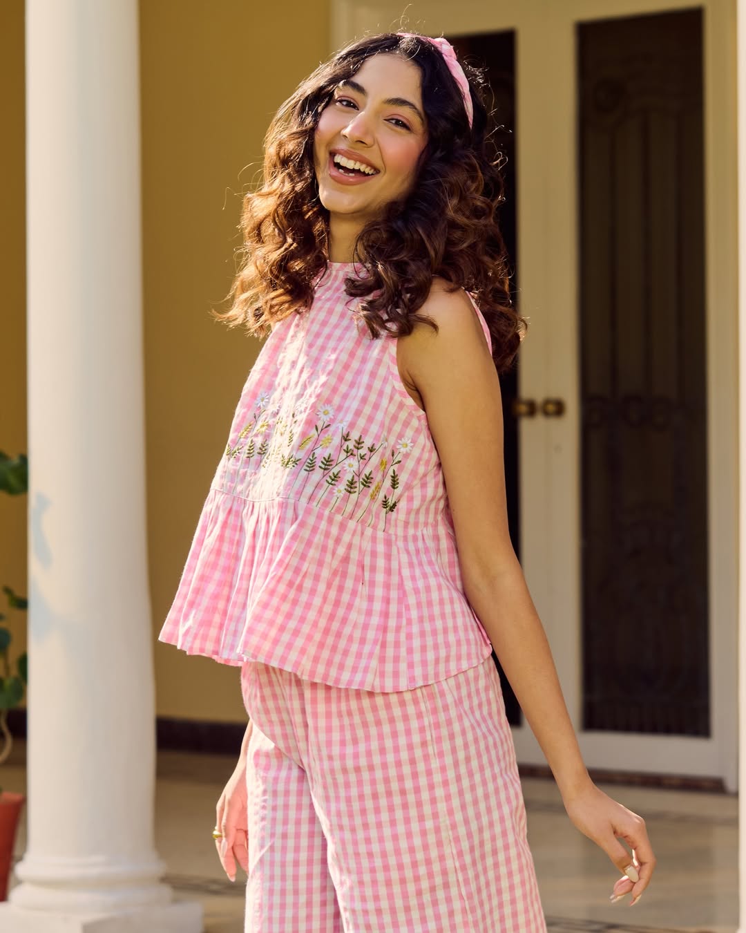 Pink Gingham Check Embroidered Peplum Top with Wide-Leg Trouser Set