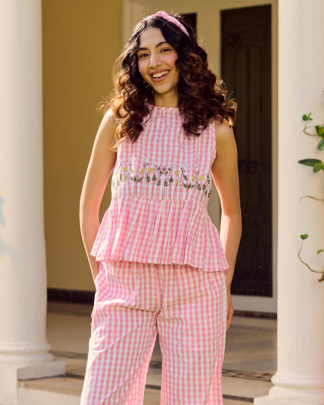 Pink Gingham Check Embroidered Peplum Top with Wide-Leg Trouser Set