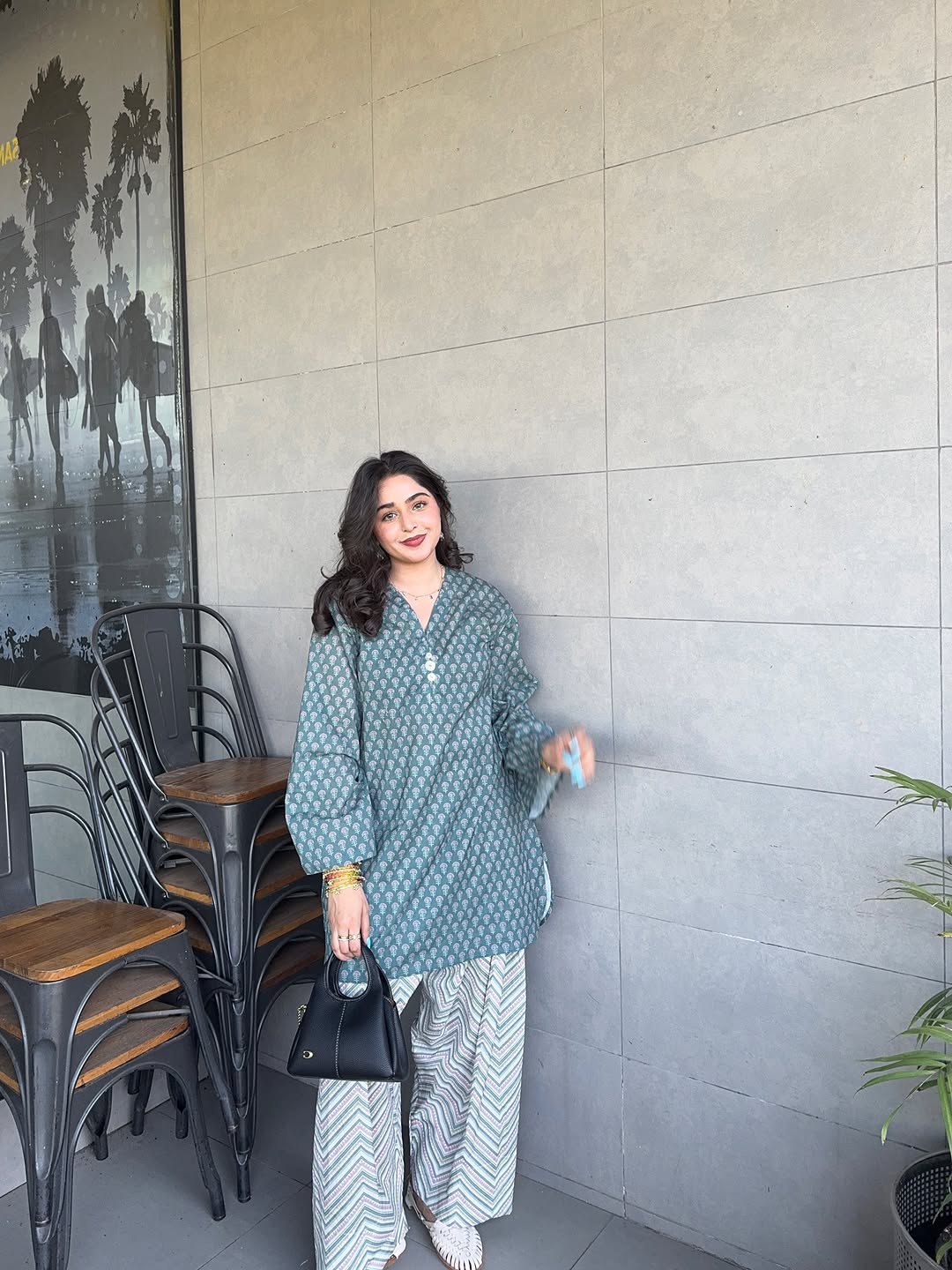Teal Block-Print Cotton Kurta with Printed Trouser Set