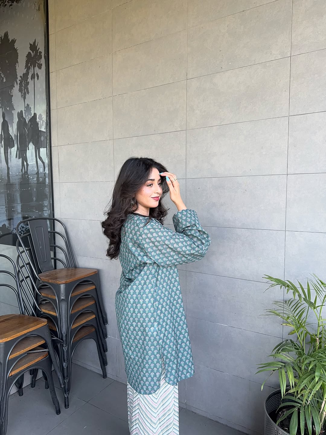 Teal Block-Print Cotton Kurta with Printed Trouser Set