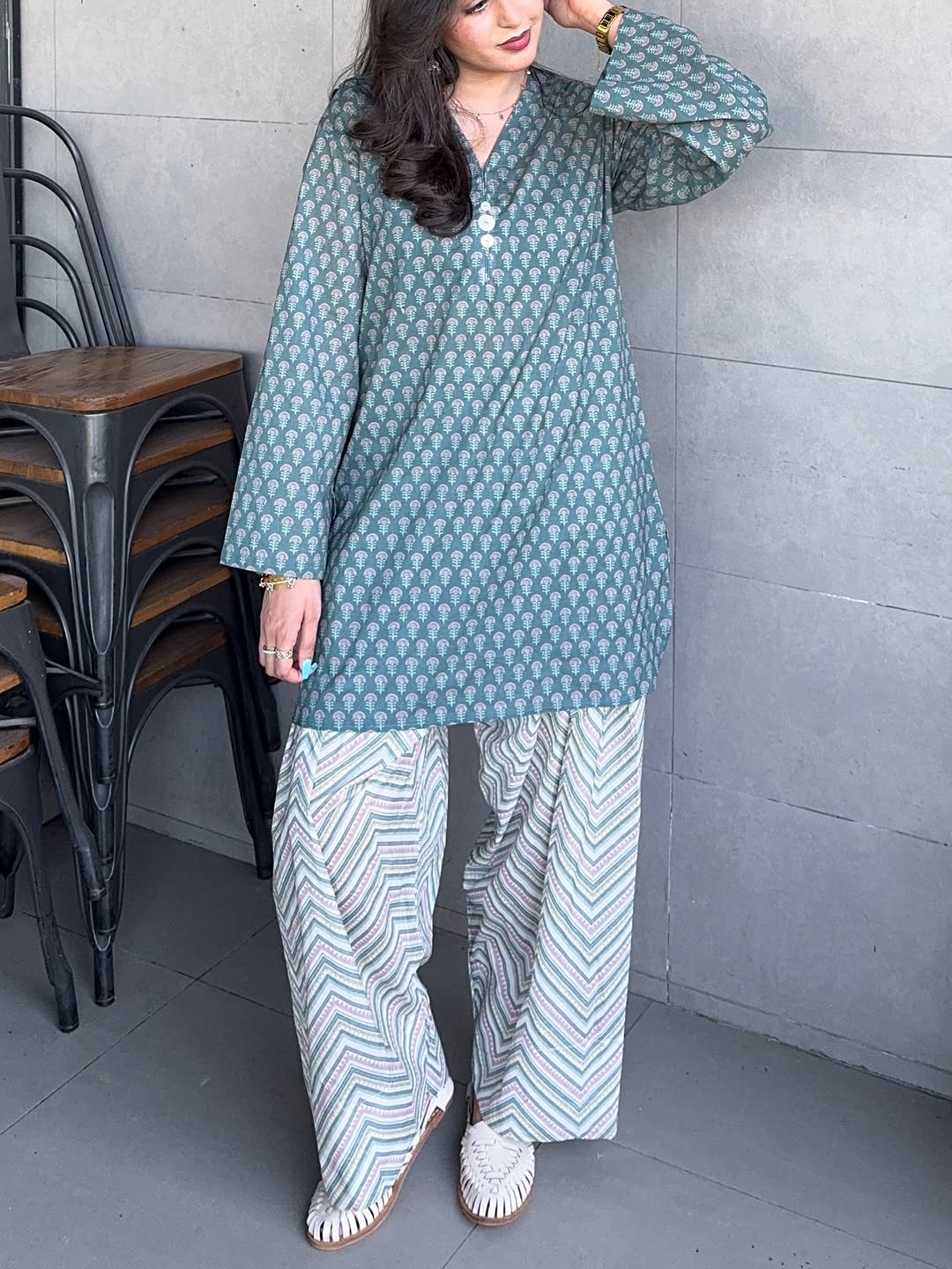 Teal Block-Print Cotton Kurta with Printed Trouser Set