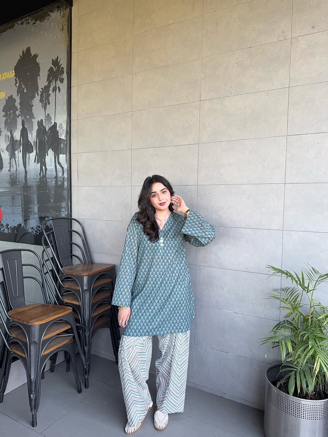 Teal Block-Print Cotton Kurta with Printed Trouser Set