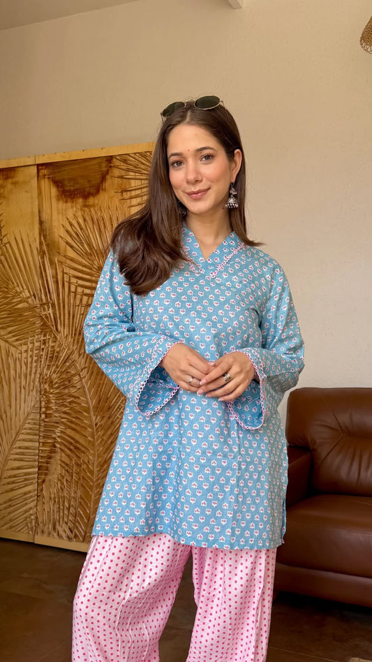 Blue Block-Print Cotton Short Kurta with Polka-Dot Salwar Set