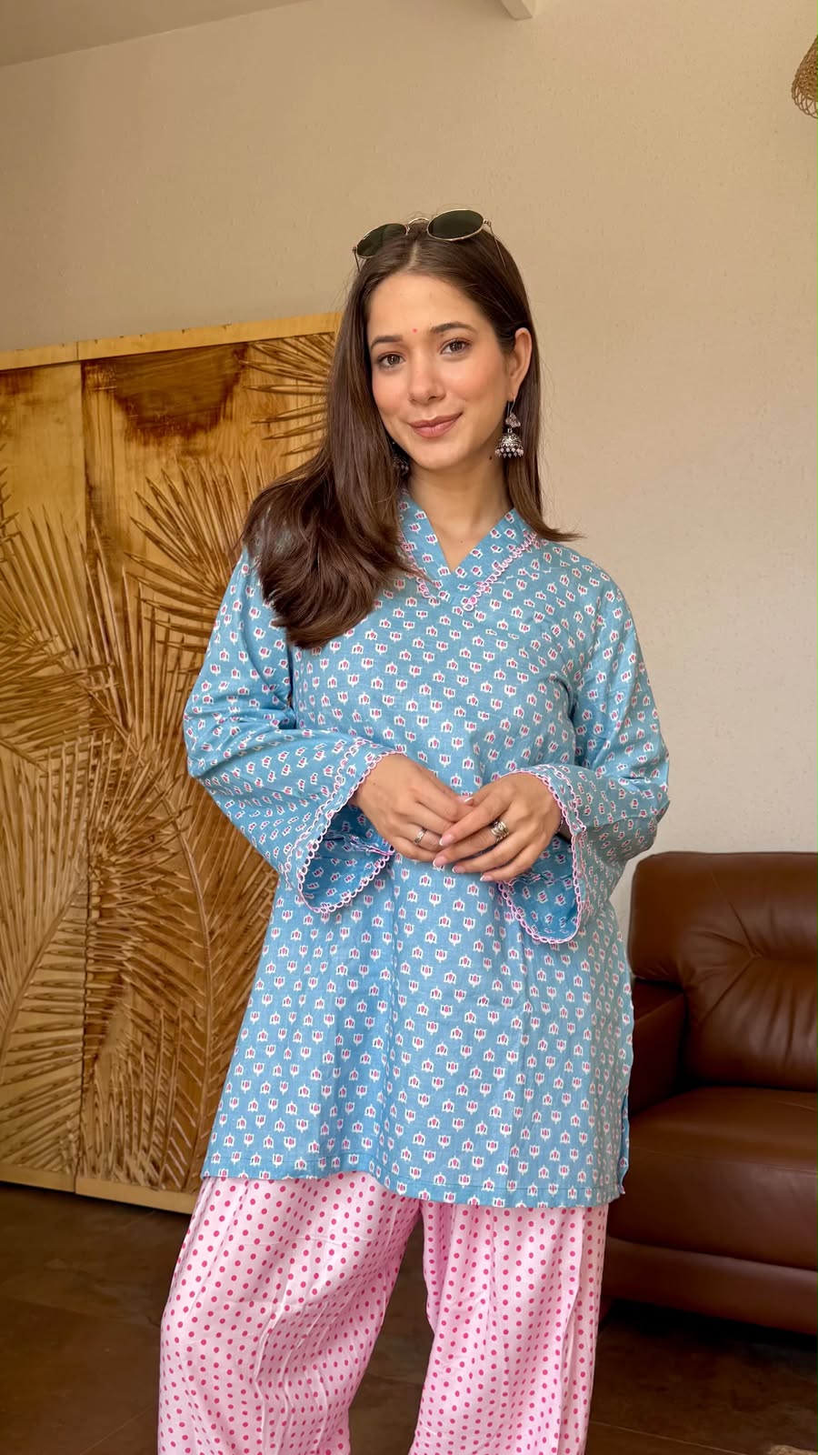 Blue Block-Print Cotton Short Kurta with Polka-Dot Salwar Set
