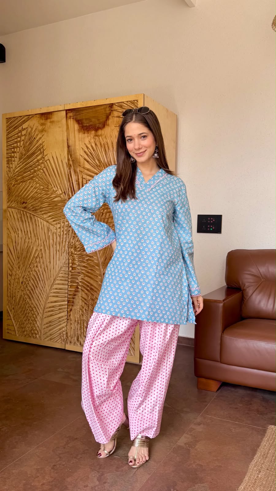 Blue Block-Print Cotton Short Kurta with Polka-Dot Salwar Set