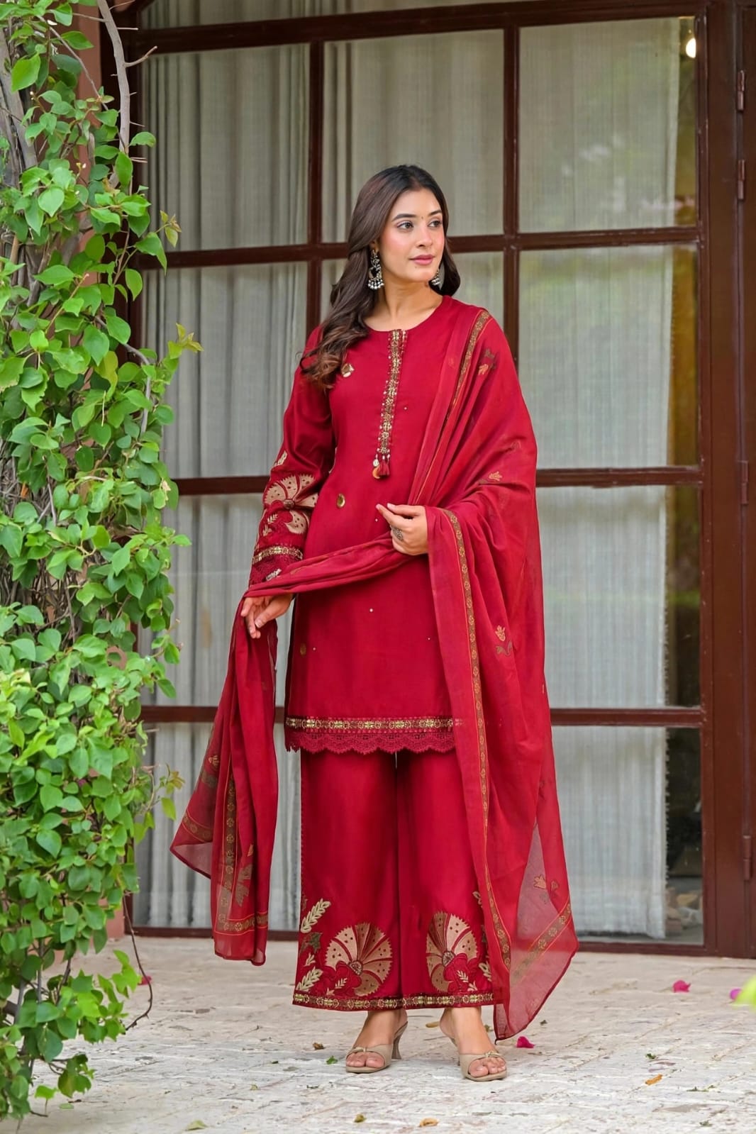 Rani Pink Embroidered Cotton Kurta with Palazzo and Dupatta Set