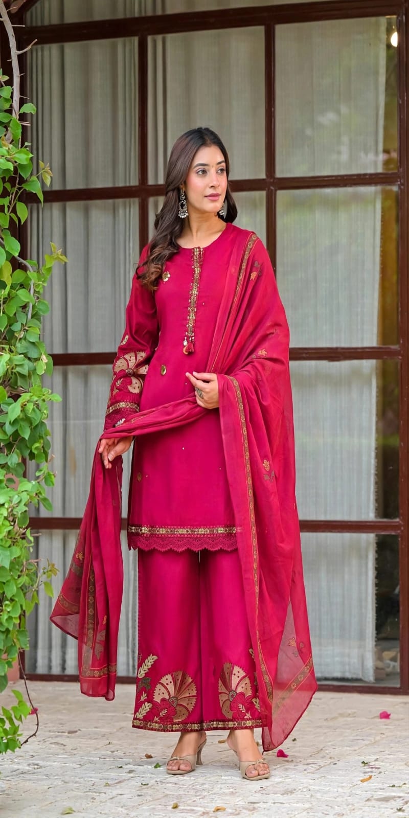 Rani Pink Embroidered Cotton Kurta with Palazzo and Dupatta Set