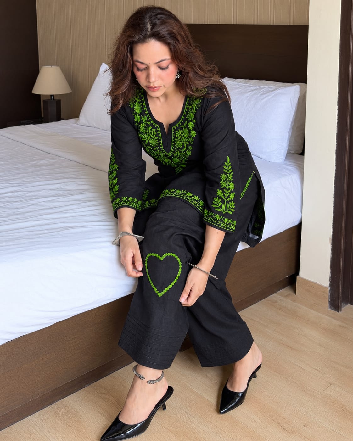 Black Cotton Short Kurta with Neon Green Floral Embroidery and Pant Set