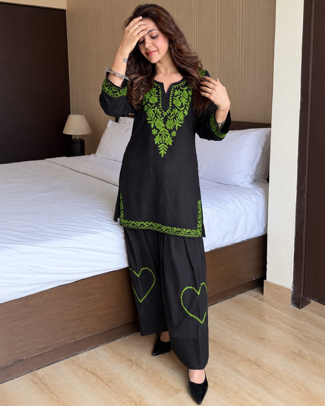 Black Cotton Short Kurta with Neon Green Floral Embroidery and Pant Set